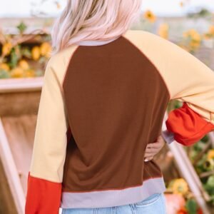 Orange Color Block Side Slits Raglan Sleeve Loose Fit Top