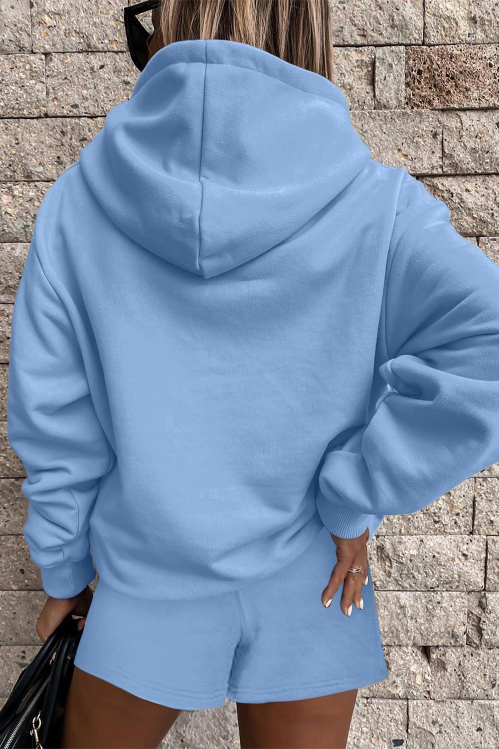 Light Blue Button Drawstring Hooded Pullover And Casual Short Set