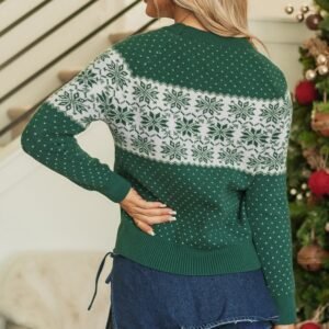 Green Christmas Snowflake Dotted Print Round Neck Sweater