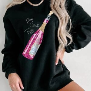 Black New Year Champagne Print Pullover Sweatshirt
