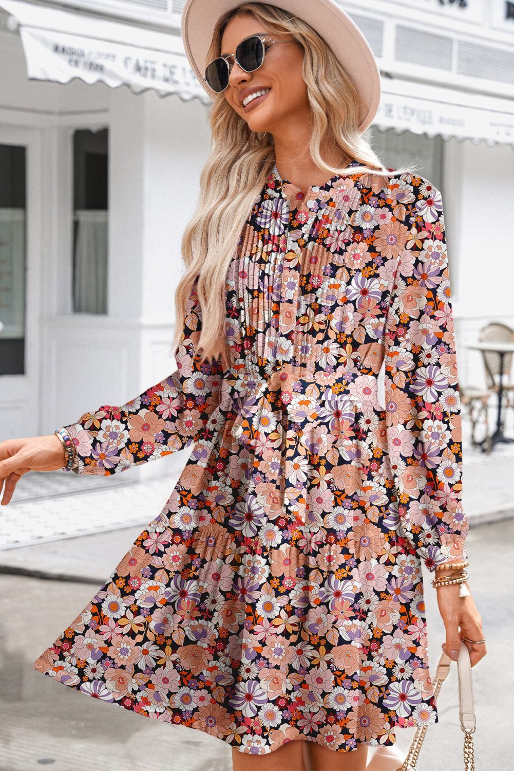 Multicolour Floral Print Long Sleeve Pleated Detail Bleted Mini Dress