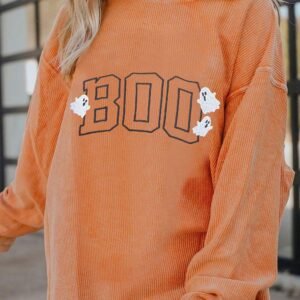 Orange Embroidered Boo Ghost Corded Halloween Sweatshirt