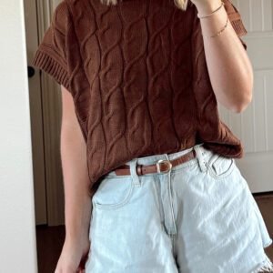 Dark Brown Cable Texture Crew Neck Short Sleeve Sweater Top