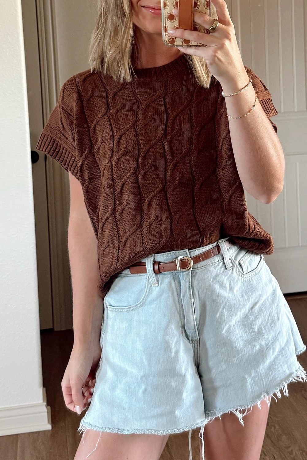 Dark Brown Cable Texture Crew Neck Short Sleeve Sweater Top