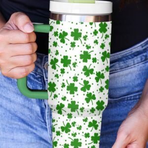 Dark Green Clover Print Thermos Cup With Handle 1200Ml