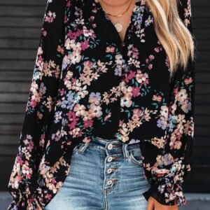 Black Wildflower Print Chiffon Blouse