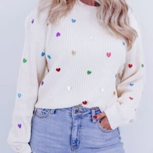 Beige Sequin Heart Shape Waffle Knit Round Neck Sweater