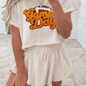 Beige Game Day Graphic Tee And Skort 2 Piece Set