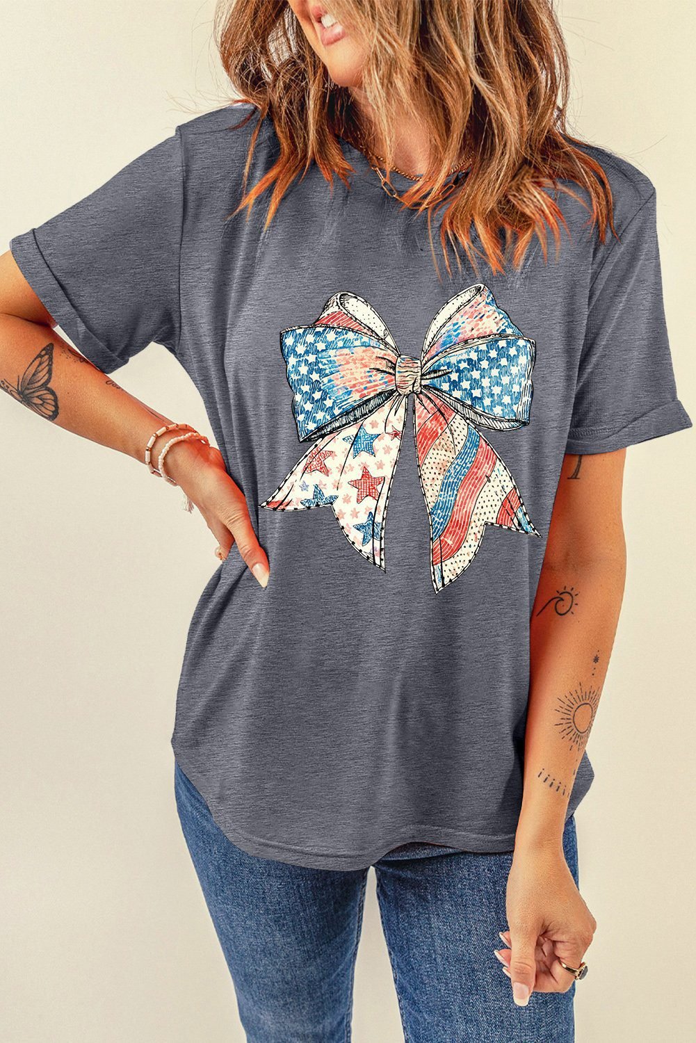 Gray Us Flag Bow Print Round Neck Loose T Shirt