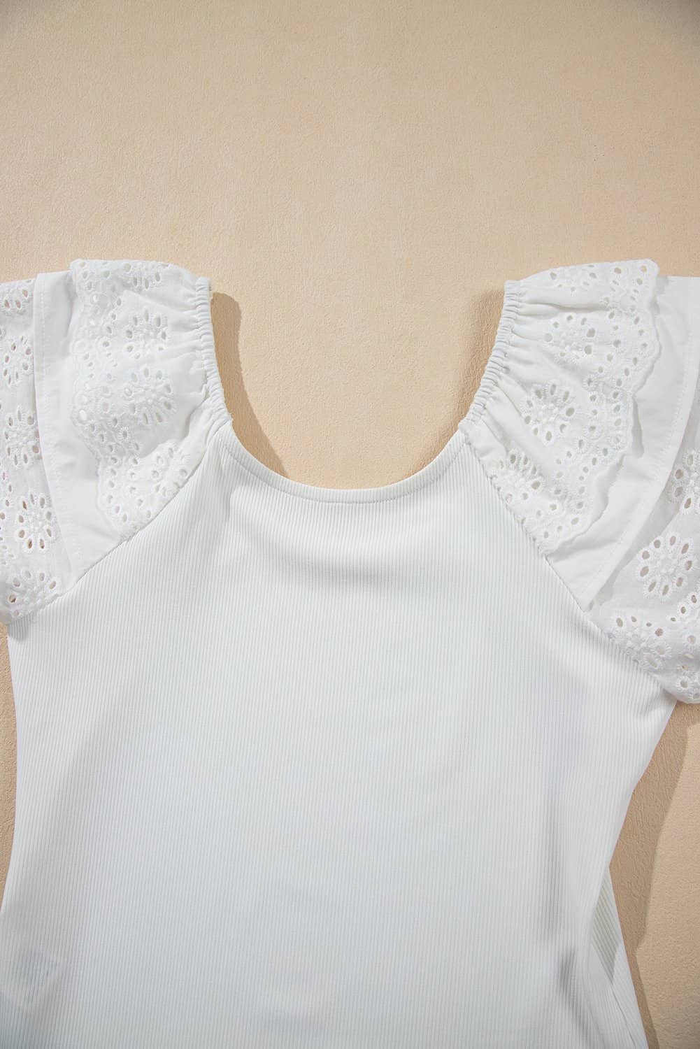 White Eyelet Ruffle Sleeve Slim Fitted Top