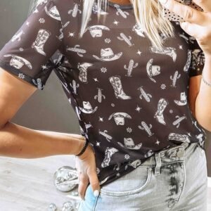 Black Western Pattern Mesh Sheer Crew Neck T Shirt