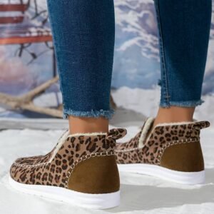 Brown Leopard Print Ankle Patched Flat Winter Fur Boots