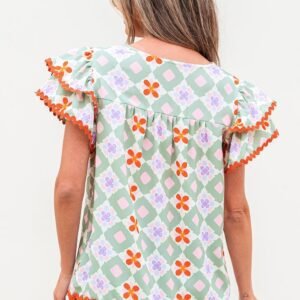 Green Geometric Floral Print Layered Flutter Sleeve V Neck Ric Rac Trim Blouse