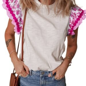 Rose Ricrac Trim Printed Flutter Sleeve Contrast Patchwork Blouse