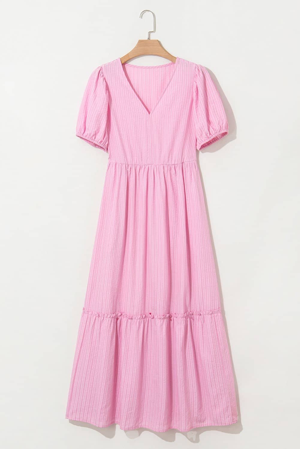 Pink Stripe V Neck Puff Short Sleeve Maxi Dress