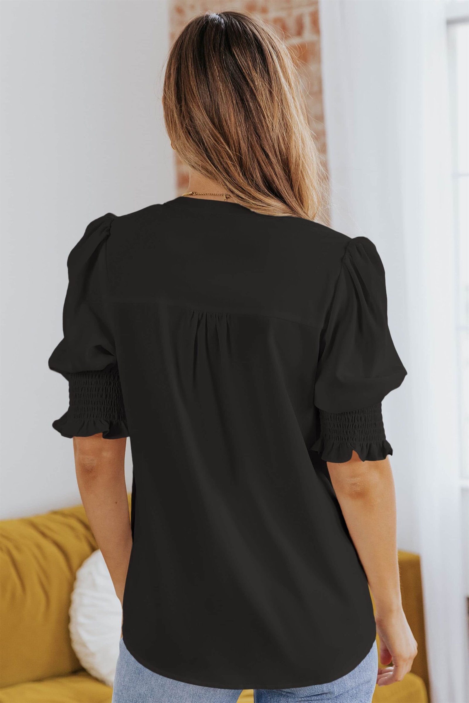 Black Solid Color Half Sleeve V Neck Blouse