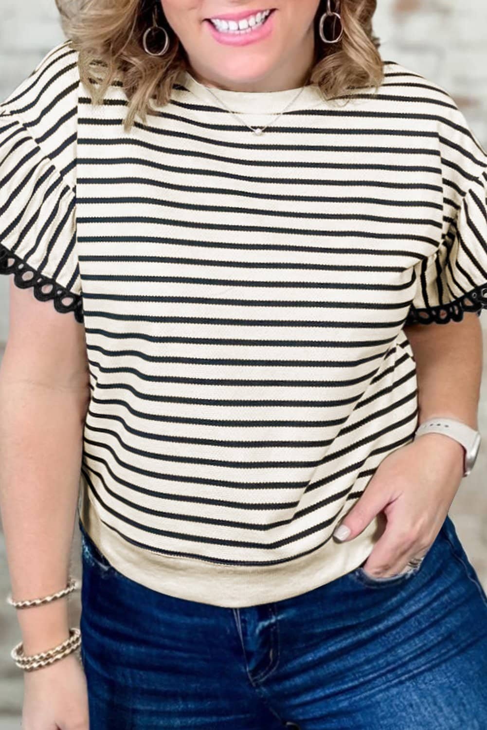 Black Stripe Eyelet Trimmed Ruffled Short Sleeve Plus Size Top