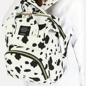 Bright White Cow Spot Print Multi Pocket Canvas Backpack