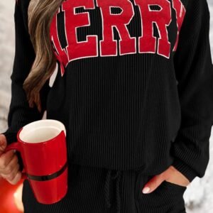 Black Corded Merry Graphic Long Sleeve Top And Shorts Set