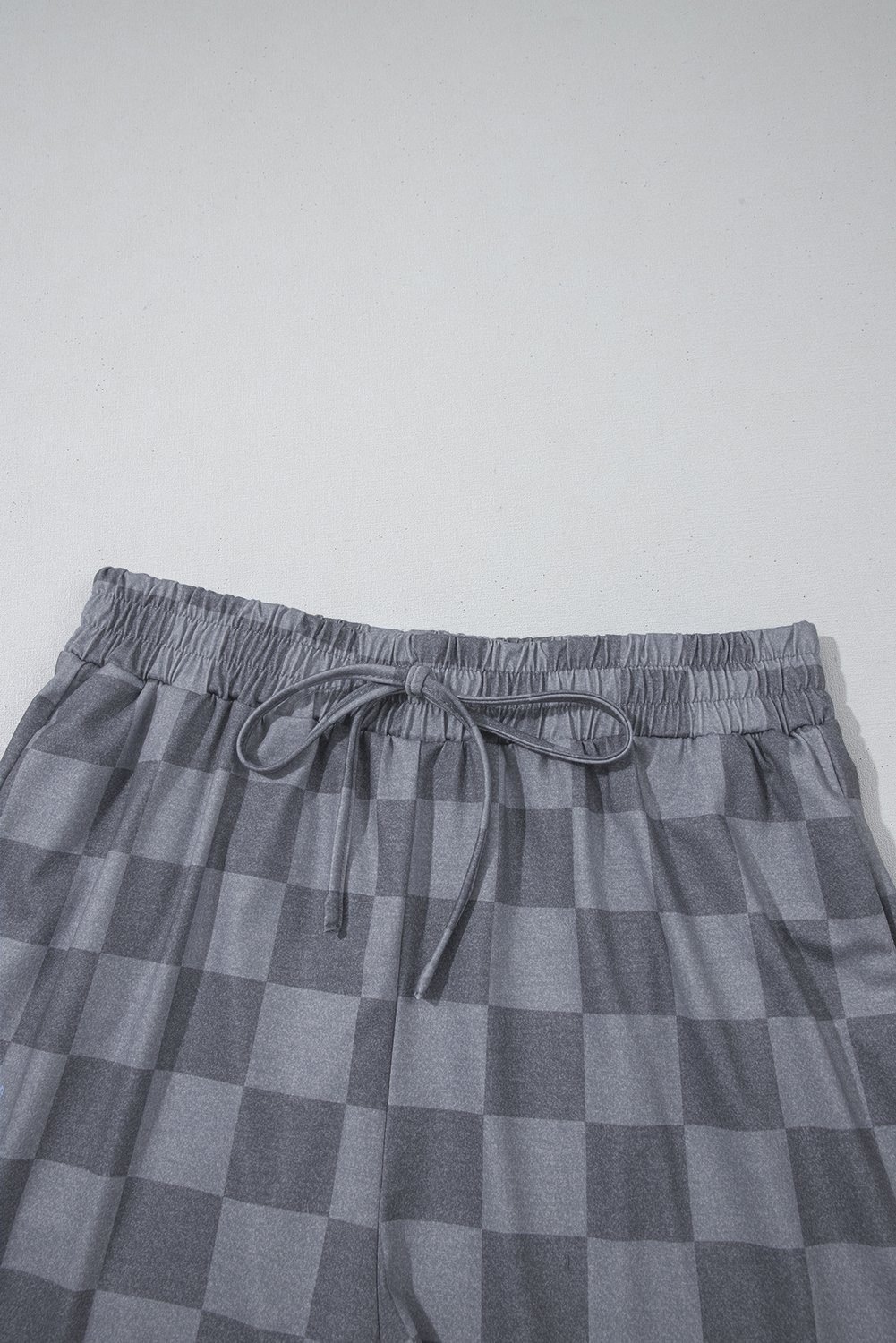 Gray Checkered V Neck Tee Drawstring Shorts Lounge Set