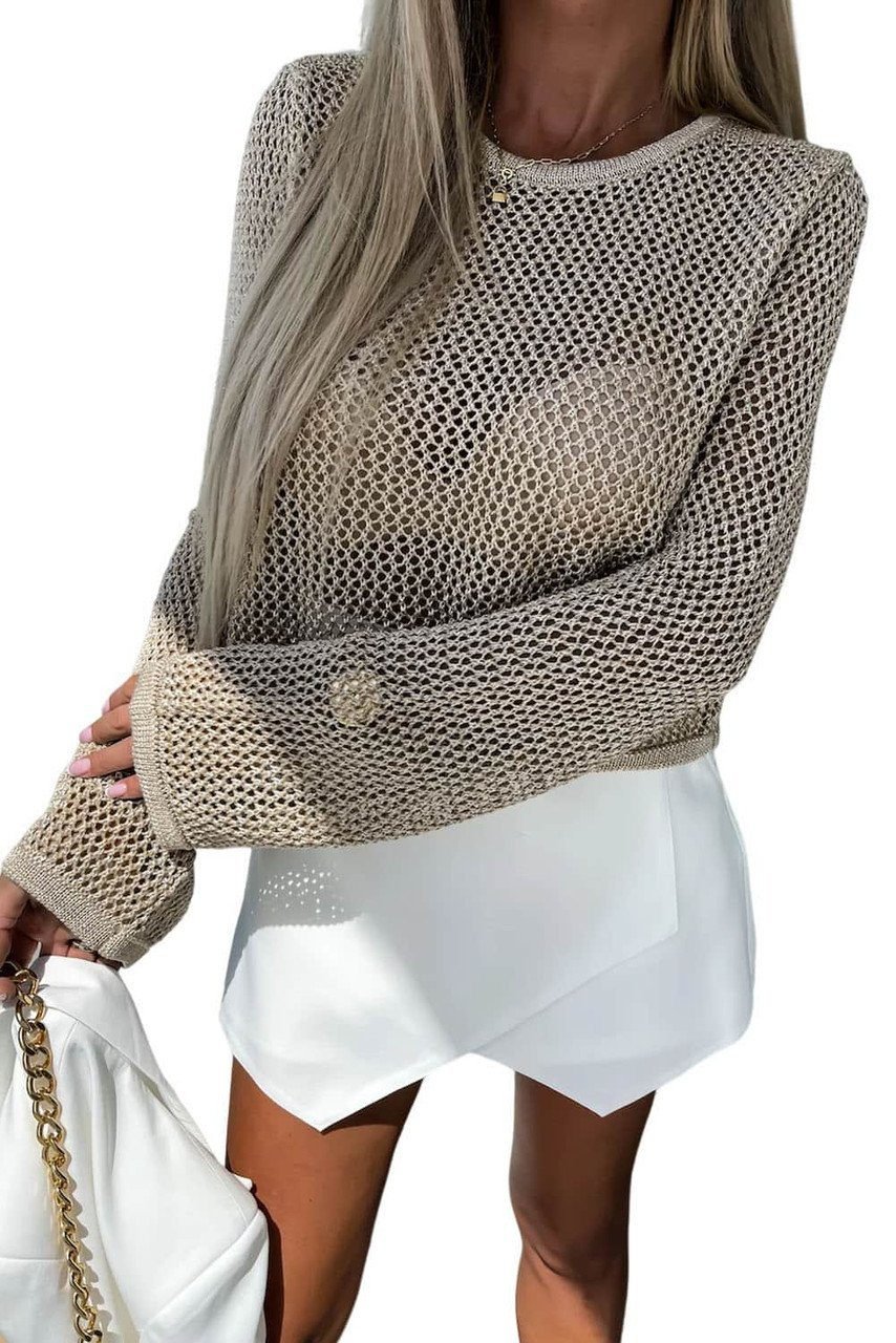 Khaki Hollow-Out Knit Long Sleeve Top
