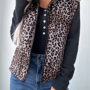 Brown Leopard Quilted Full Zipper Casual Puff Vest