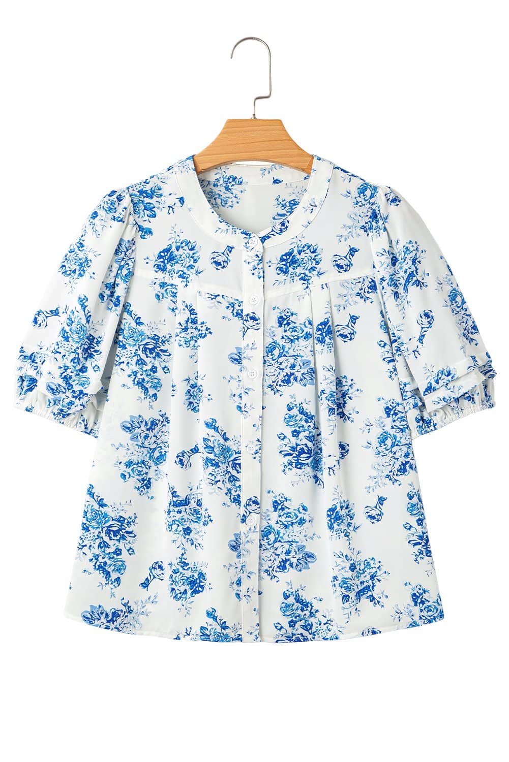 Sky Blue Floral Tiered Puff Short Sleeve Pleated Bust Buttoned Casual Shirt