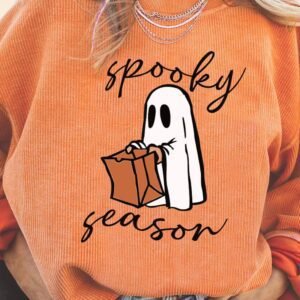 Orange Spooky Season Ghost Print Ribbed Pullover Sweatshirt