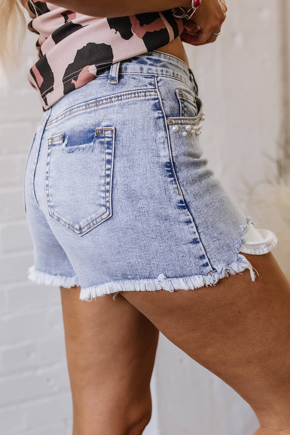 Beau Blue Pearl Studded Pockets Raw Hem Denim Shorts