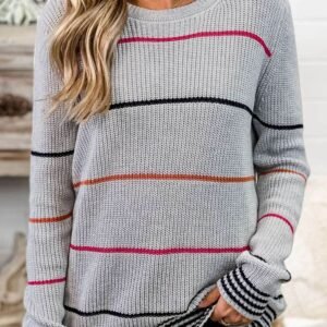 Gray Ribbed Knit Striped Sweater