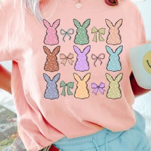 Pink Dotty Bunny Bow Printed Easter Day Fashion T Shirt