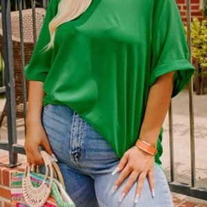 Green Seamed Back High Low Hem V Neck Cuffed Sleeve Plus Size Tee