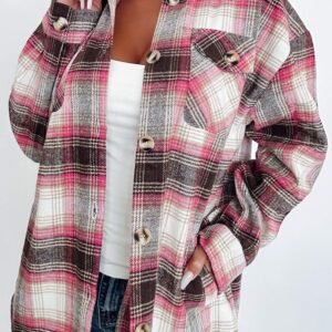 Pink Plaid Flap Pocket Button Up Shacket