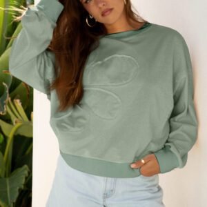 Smoke Green Raw Edge Flower Patch Drop Shoulder Casual Top