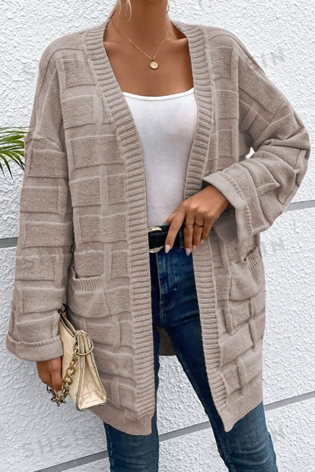 Delicacy Textured Knit Open Front Chic Cardigan With Pockets