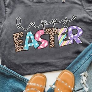 Gray Happy Easter Lettering Graphic Crewneck Tee