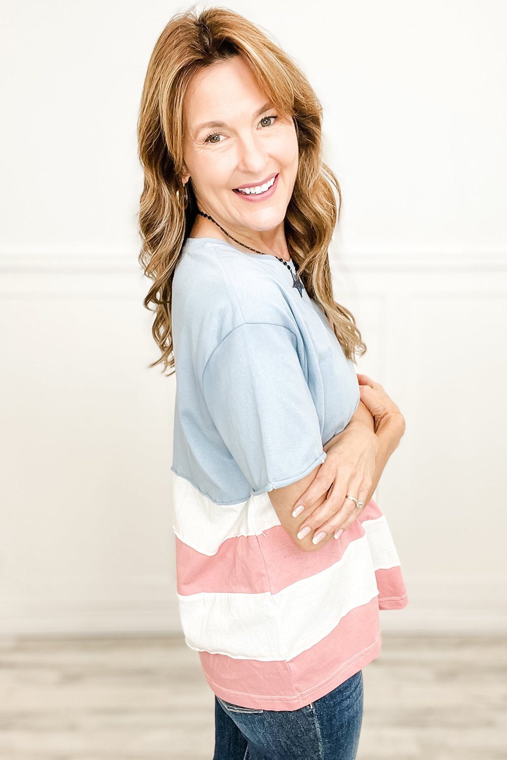 Pink Stars And Stripes Printed Crewneck Independence Day T Shirt