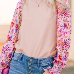 Oatmeal Floral Printed Patchwork Smocked Lantern Sleeve Knit Top