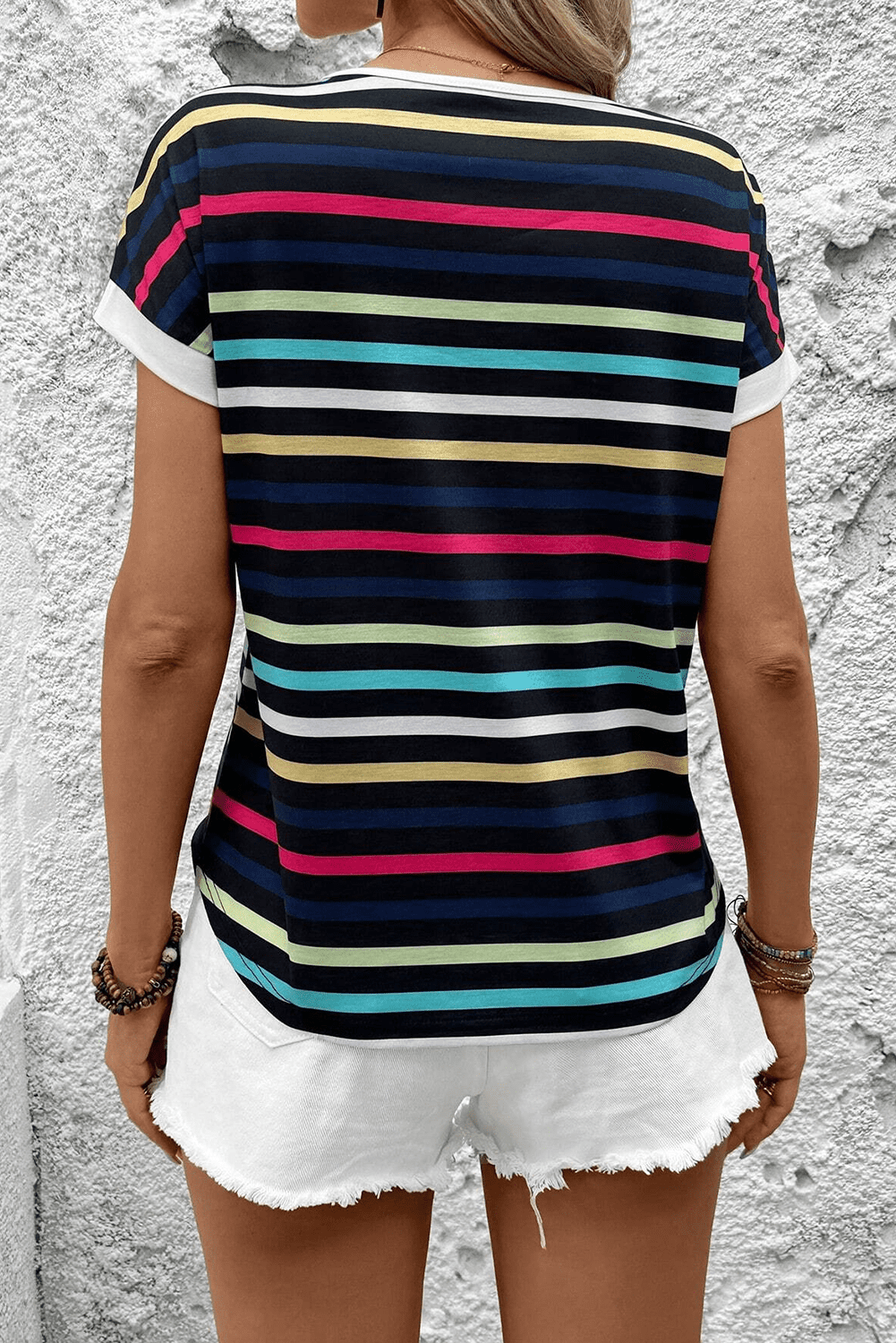 Black Stripe Multicolor Contrast Edge Crew Neck T Shirt