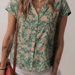 Green Floral Print Pleated Buttoned V Neck Short Sleeve Blouse