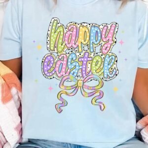 Light Blue Happy Easter Bowknot Printed Crewneck T Shirt