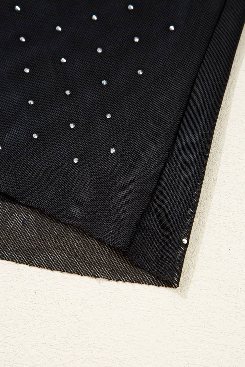 Black Rhinestone Embellished Mesh Long Sleeve Top