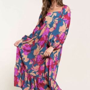 Multicolour Floral Print Square Neck Ruffled High Waist Dress