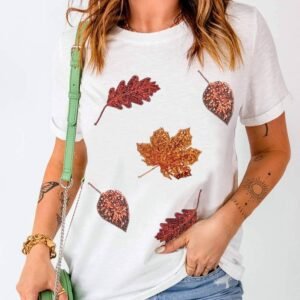 White Halloween Sequined Leaves Graphic Crew Neck T Shirt