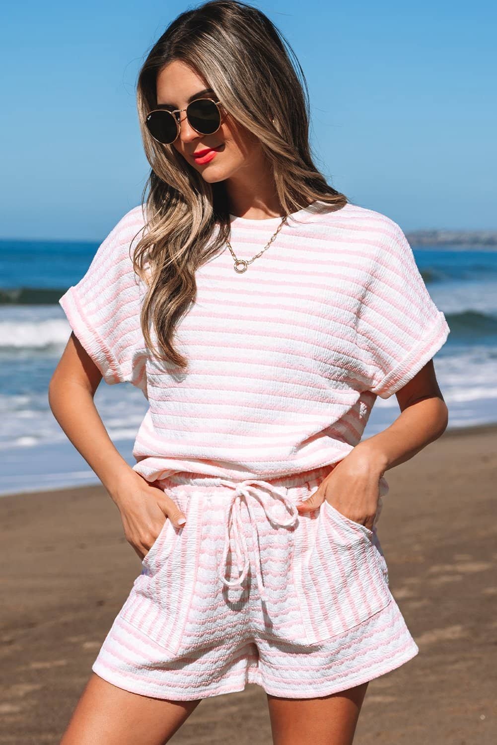 Pink Stripe Knitted Short Sleeve Top And Drawstring Shorts Set