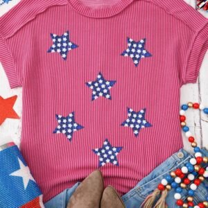 Rose Red Sequin Star Graphic Corded Side Split Patriotic T Shirt