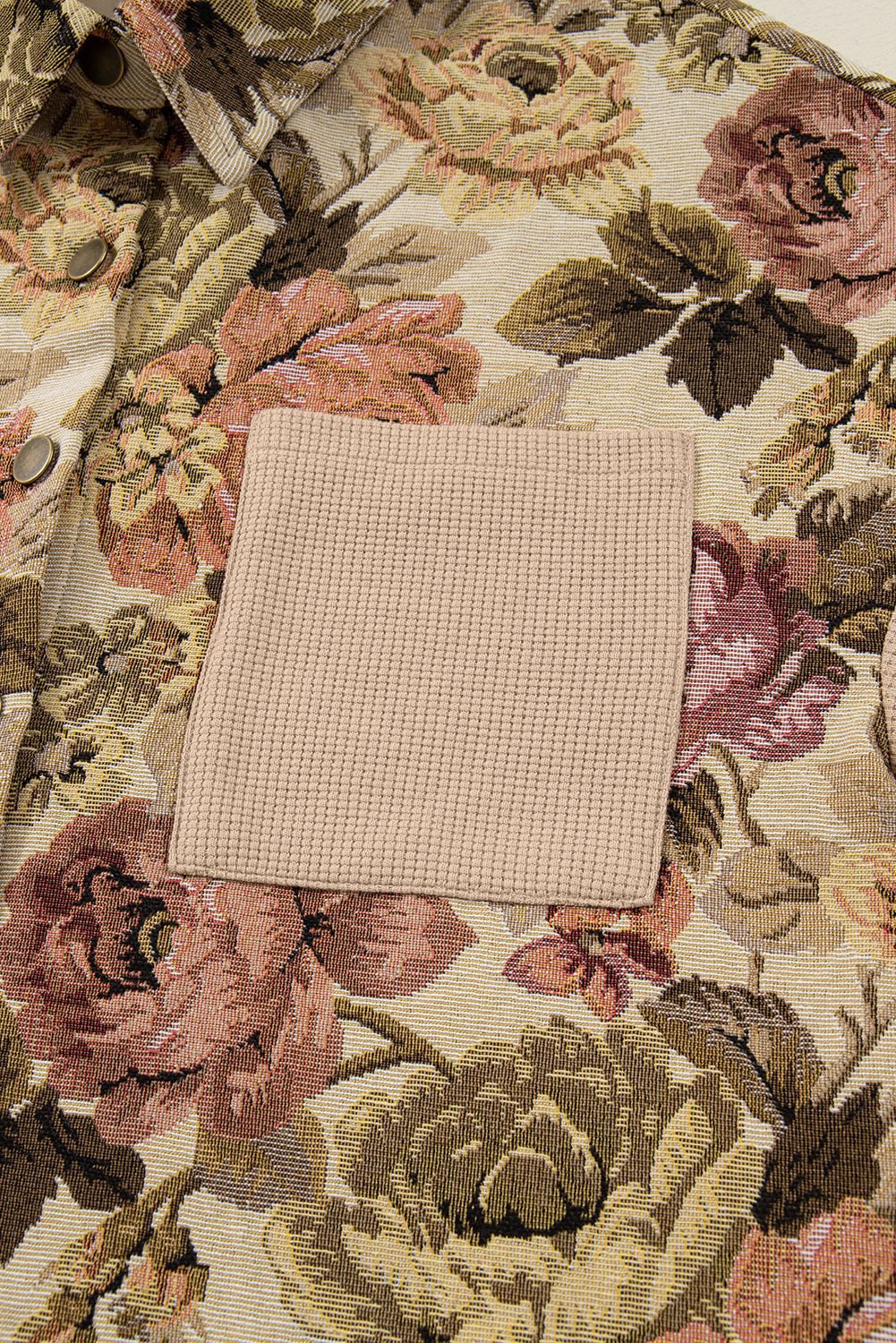 Khaki Floral Waffle Knit Patchwork Chest Pockets Buttoned Jacket