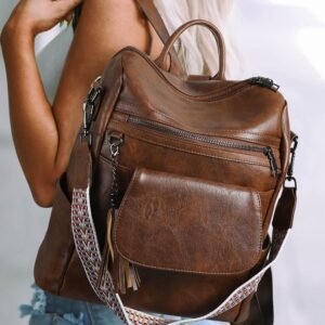 Dark Brown Tassel Decor Retro Pu Large Capacity Backpack