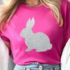 Rose Red Glitter Easter Bunny Graphic Crew Neck Tee