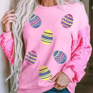 Pink Easter Egg Patched Sequin Sleeve Patchwork Crewneck Pullover Top